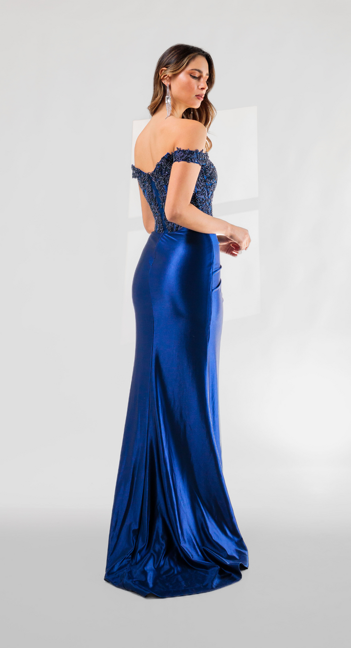 Emma Clara - Vestido de Fiesta Azul Marino con Abertura Lateral y Corset Bordado – Modelo Marti
