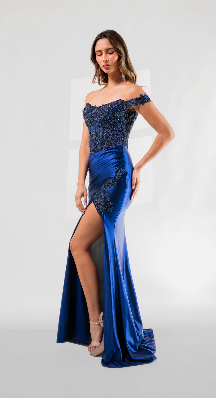 Emma Clara - Vestido de Fiesta Azul Marino con Abertura Lateral y Corset Bordado – Modelo Marti