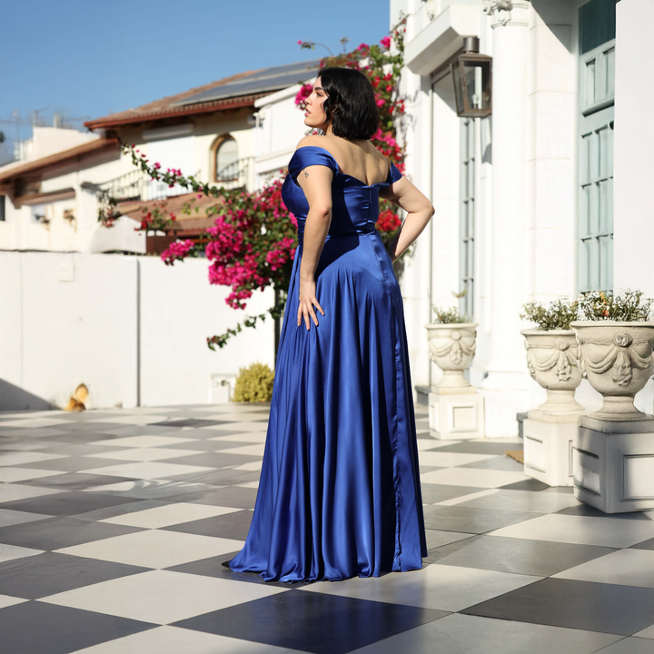 Emma Clara - Vestido Largo De Fiesta Escote Bardot Cris Azul Royal