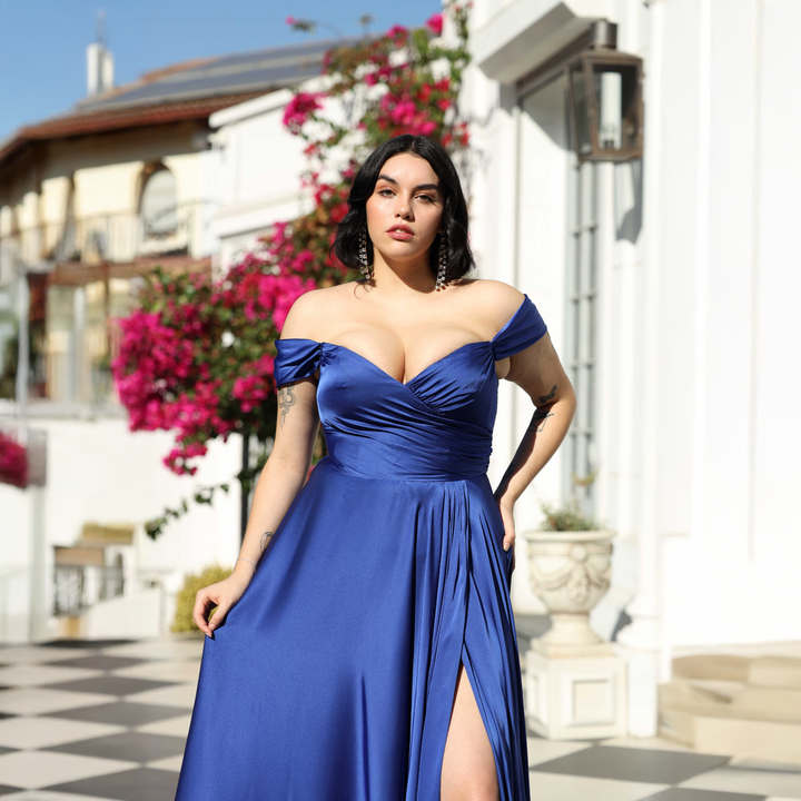 Emma Clara - Vestido Largo De Fiesta Escote Bardot Cris Azul Royal