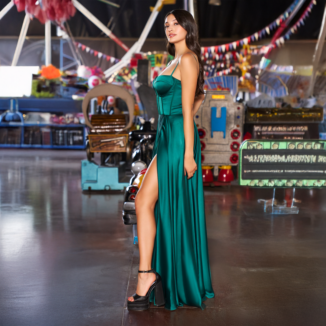 Emma Clara - Vestido De Fiesta Satín Con Corset Lola Verde Esmeralda