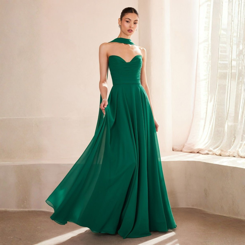 Emma Clara - Vestido Largo Gasa Escote Strapless Pauli Verde Esmeralda