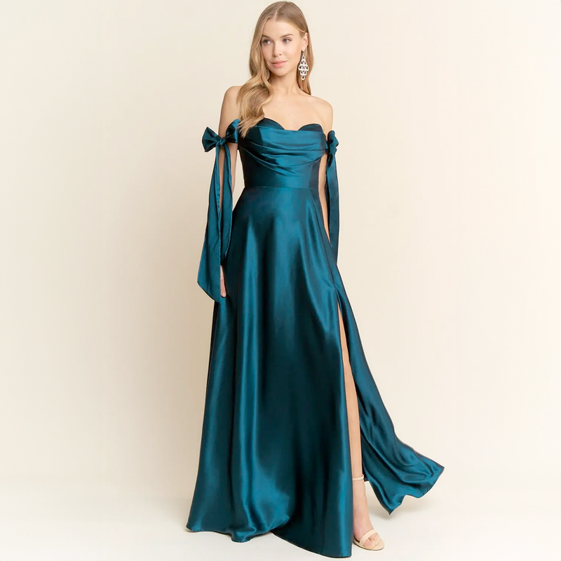 Emma Clara - Vestido largo satinado Escote Bardot Jess Teal