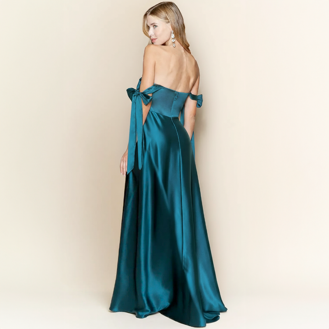 Emma Clara - Vestido largo satinado Escote Bardot Jess Teal