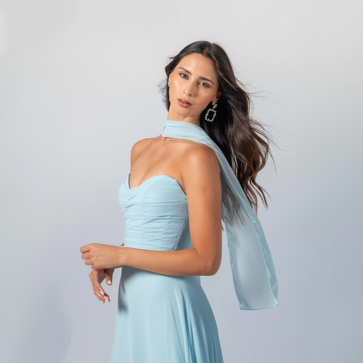 Emma Clara - Vestido Largo Gasa Escote Strapless Pauli Celeste Pastel