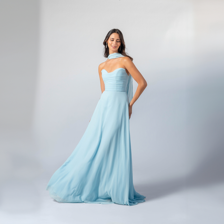 Emma Clara - Vestido Largo Gasa Escote Strapless Pauli Celeste Pastel