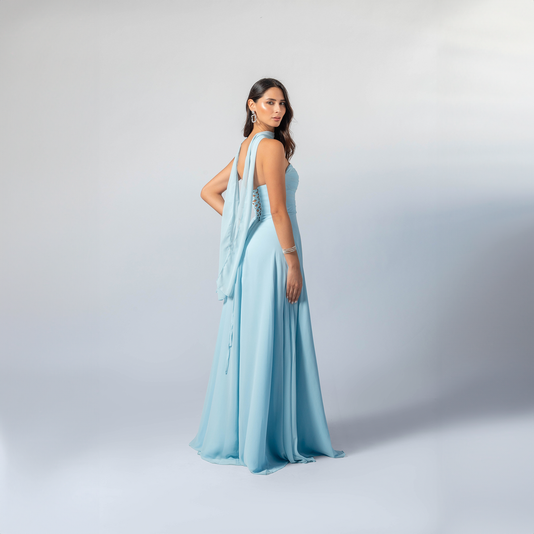 Emma Clara - Vestido Largo Gasa Escote Strapless Pauli Celeste Pastel