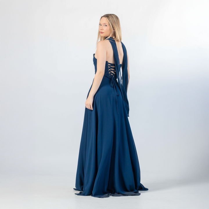Emma Clara - Vestido Largo Gasa Escote Strapless Pauli Azul Navy