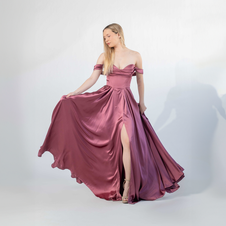 Emma Clara - Vestido de Fiesta Satín Escote Bardot Pili Mauve Rose