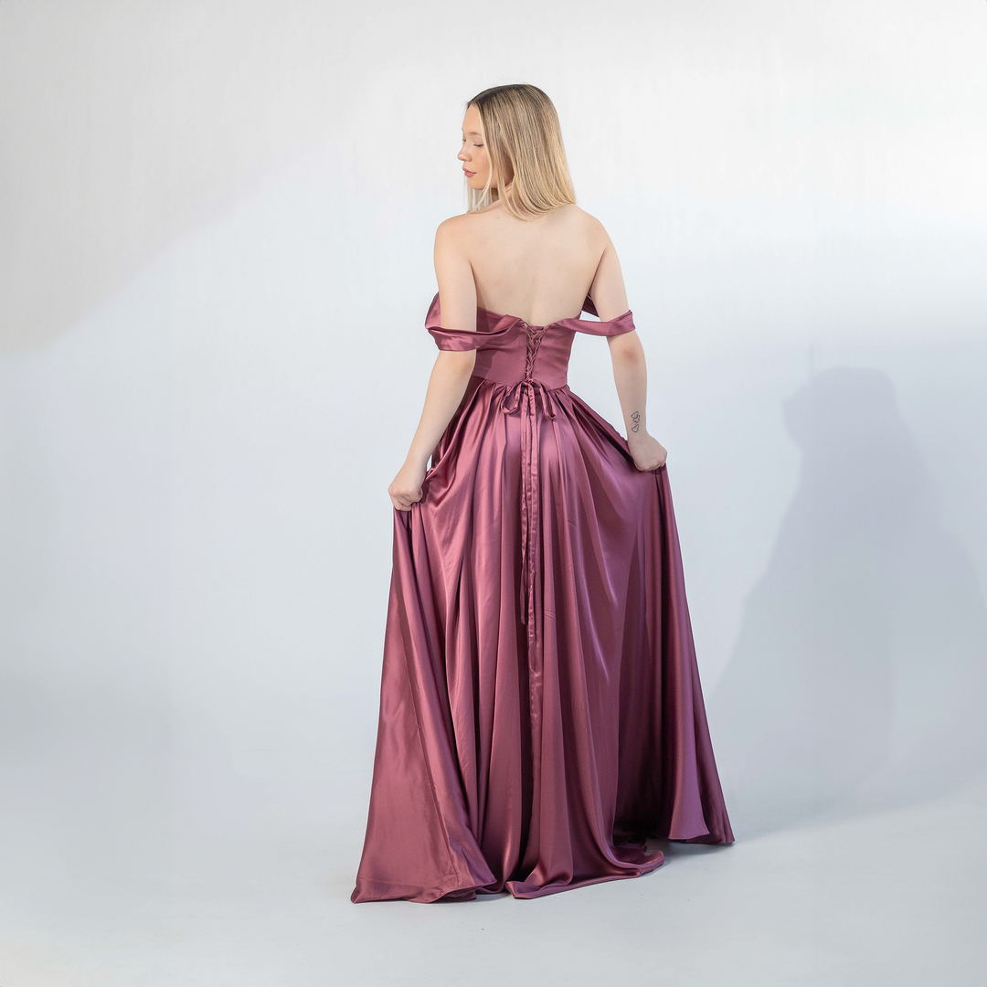 Emma Clara - Vestido de Fiesta Satín Escote Bardot Pili Mauve Rose