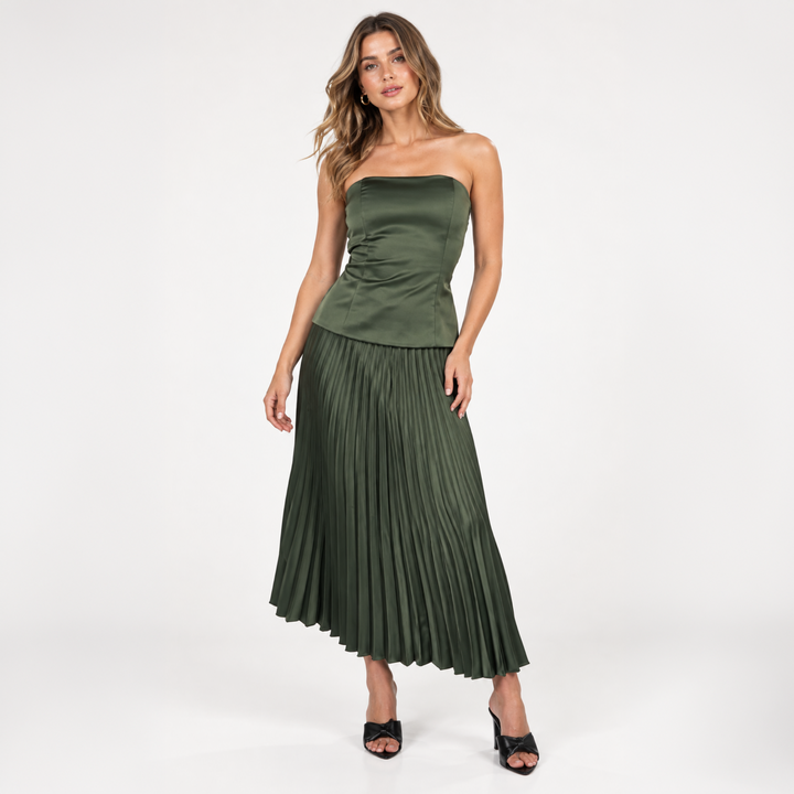 Emma Clara - Conjunto Satín Strapless Sara Verde Olivo