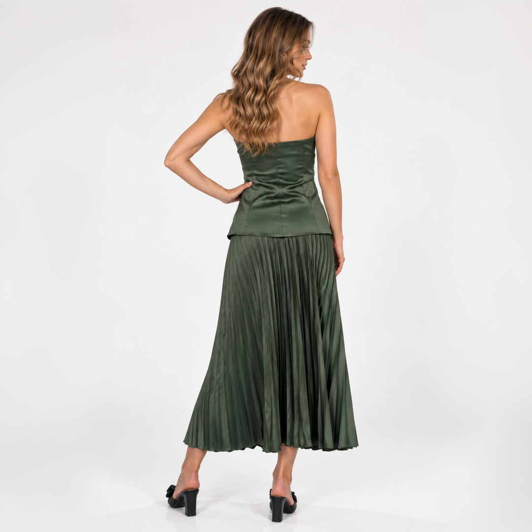 Emma Clara - Conjunto Satín Strapless Sara Verde Olivo