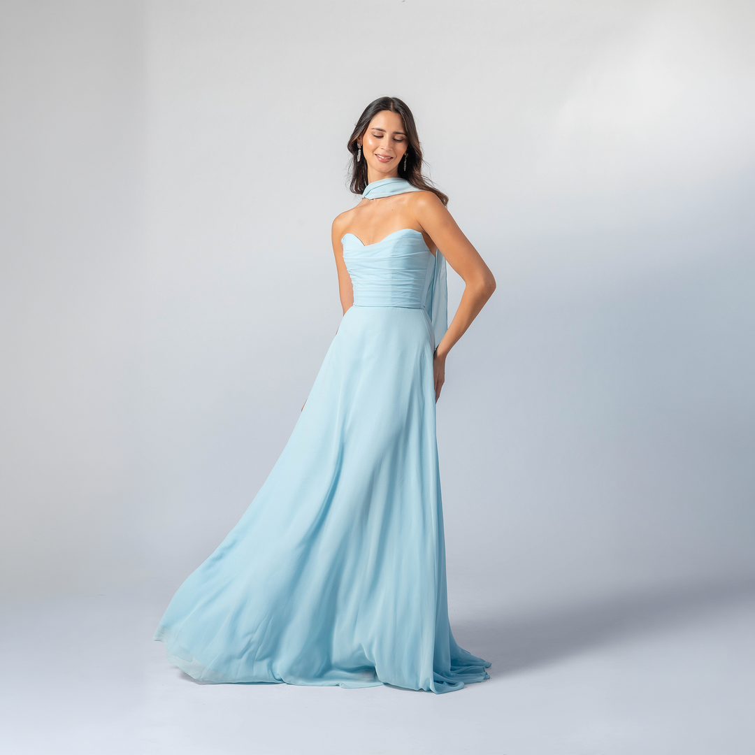 Emma Clara - Vestido Largo Gasa Escote Strapless Pauli Celeste