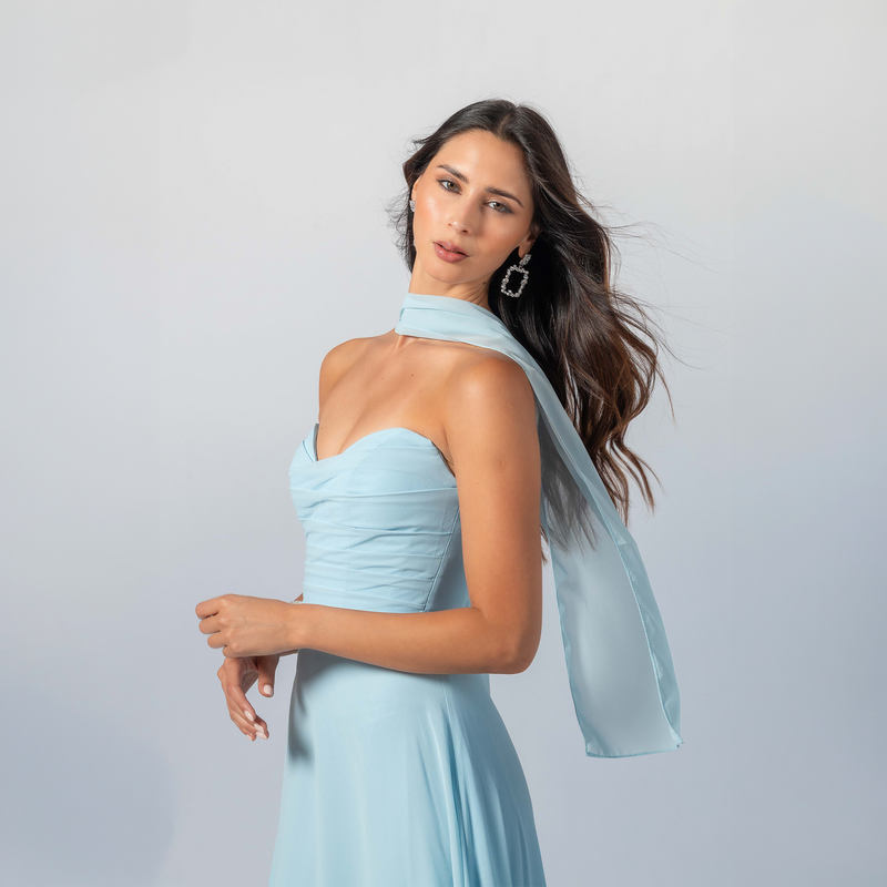Emma Clara - Vestido Largo Gasa Escote Strapless Pauli Celeste