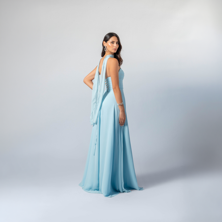 Emma Clara - Vestido Largo Gasa Escote Strapless Pauli Celeste