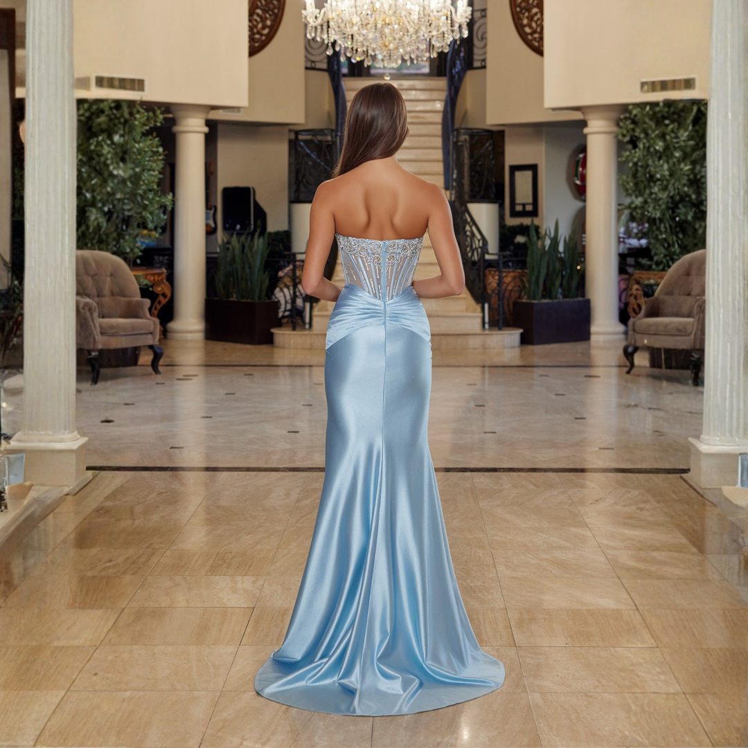 Emma Clara - Vestido de Fiesta Largo Celeste Corset Bordado Cristales Sole