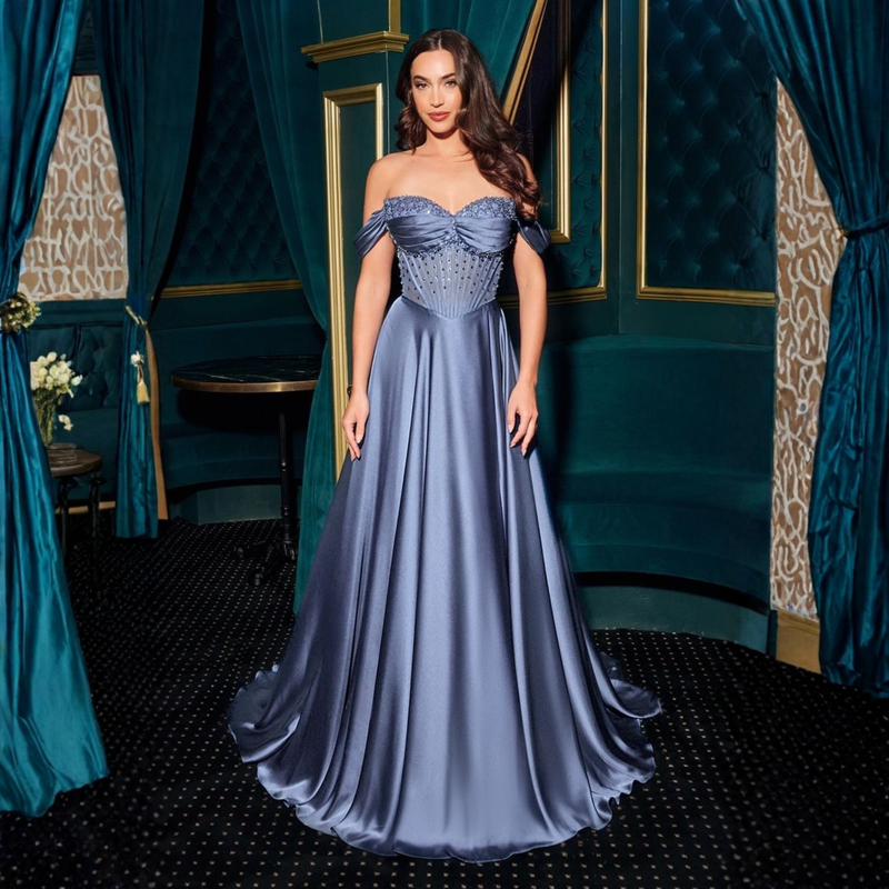 Emma Clara - Vestido de Fiesta Largo Smoky Blue Corset Pedrería Jacinta