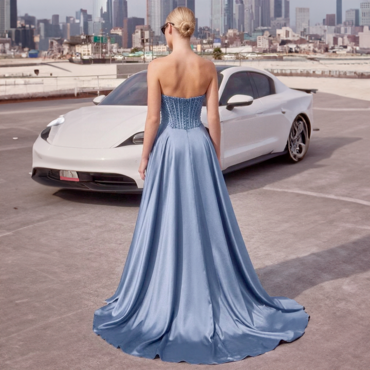 Emma Clara - Vestido de Fiesta Largo Smoky Blue Corset Pedrería Jacinta
