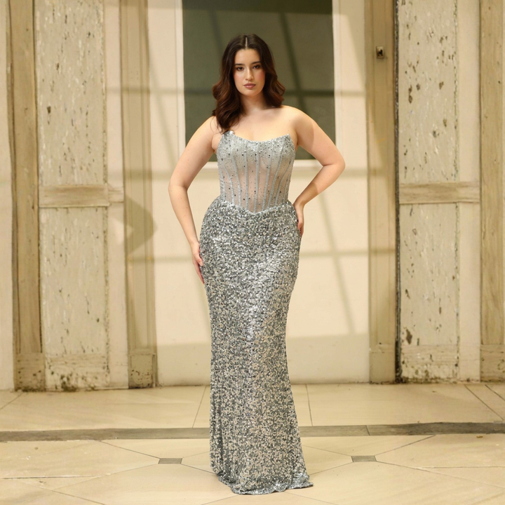 Emma Clara - Vestido de Fiesta Largo plateado Lentejuelas Corset Laura