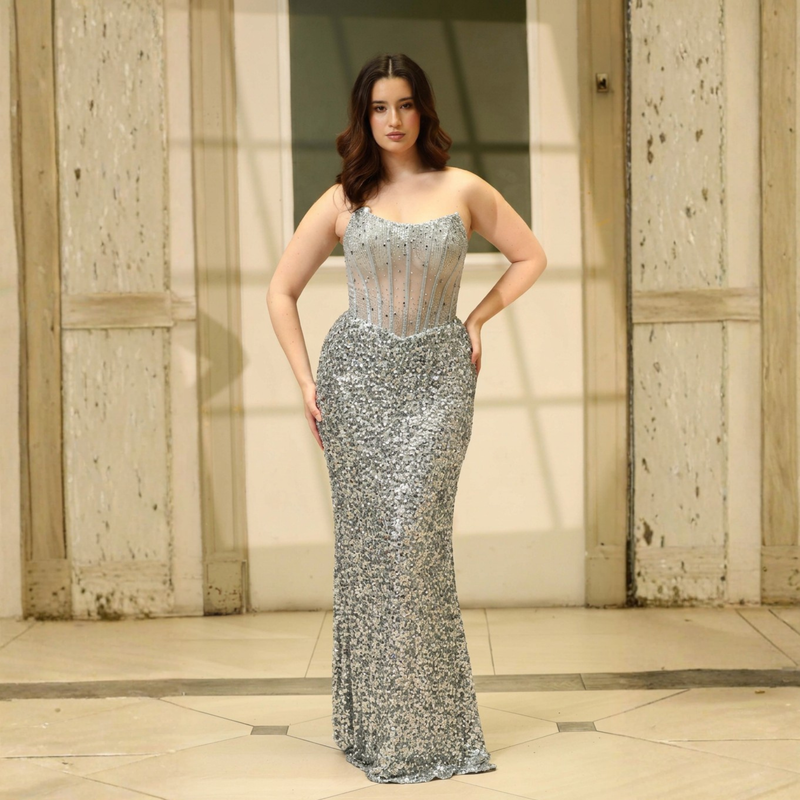 Emma Clara - Vestido de Fiesta Largo plateado Lentejuelas Corset Laura
