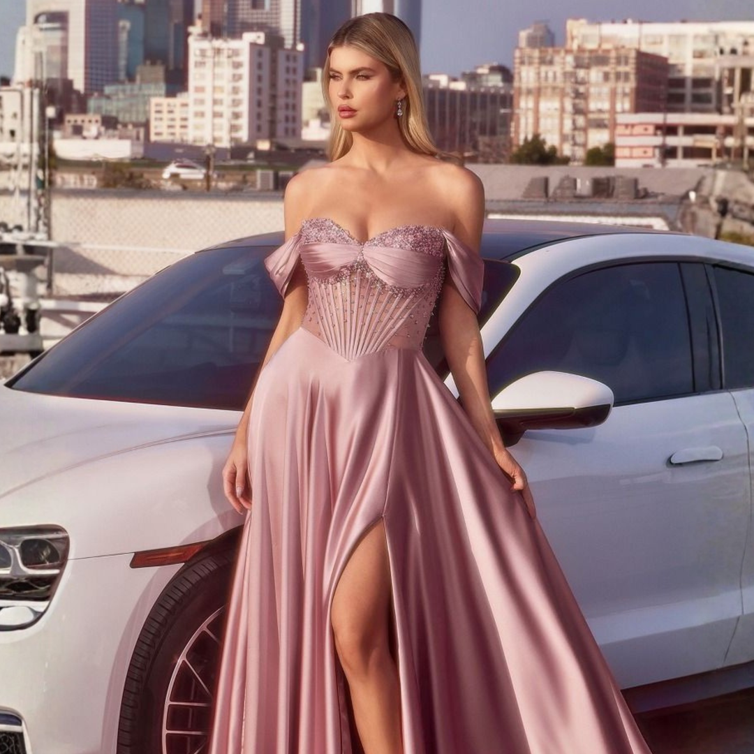 Emma Clara - Vestido de Fiesta Largo Rosado Corset Pedrería Jacinta
