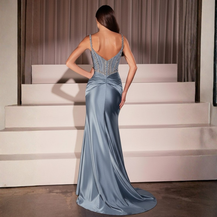 Emma Clara -  Vestido de Fiesta celeste cielo corset y Cristales Bordados Pabla