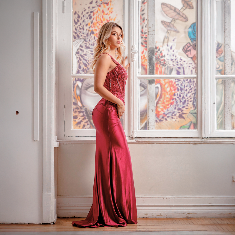 Emma Clara - Vestido de fiesta estilo sirena Begoña Borgoña