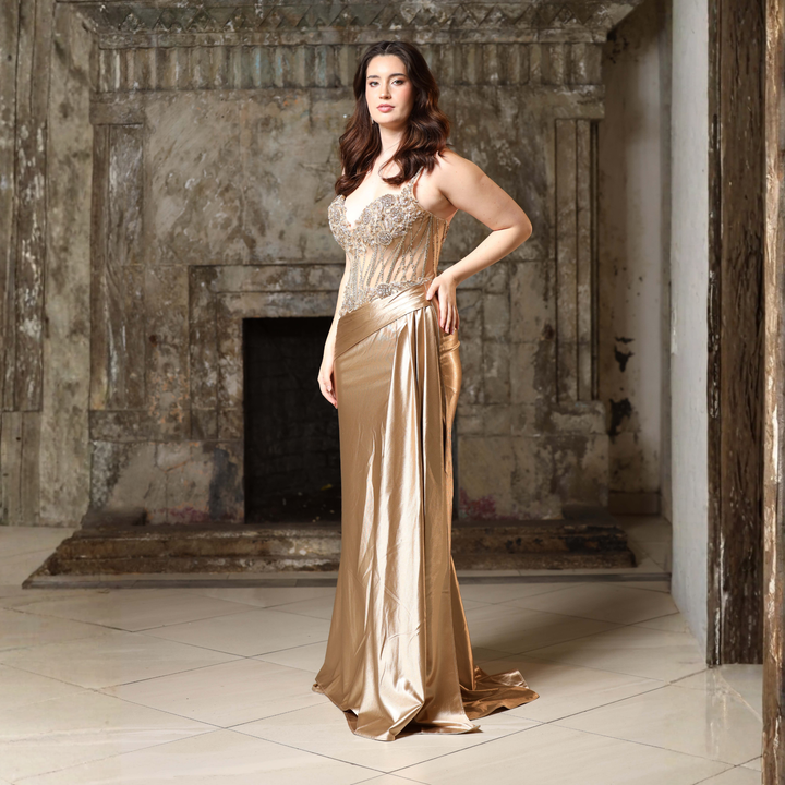 Emma Clara - Vestido de Fiesta Largo Dorado Corset Pedrería Rosario