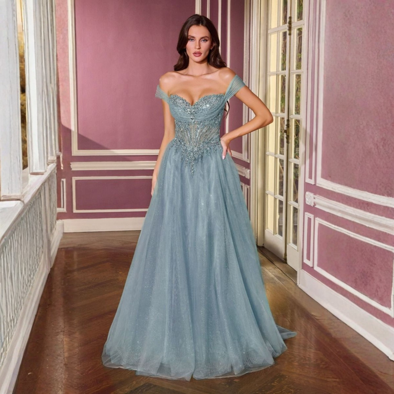 Emma Clara - Vestido de Fiesta Largo celeste Tul Glitter Corset María