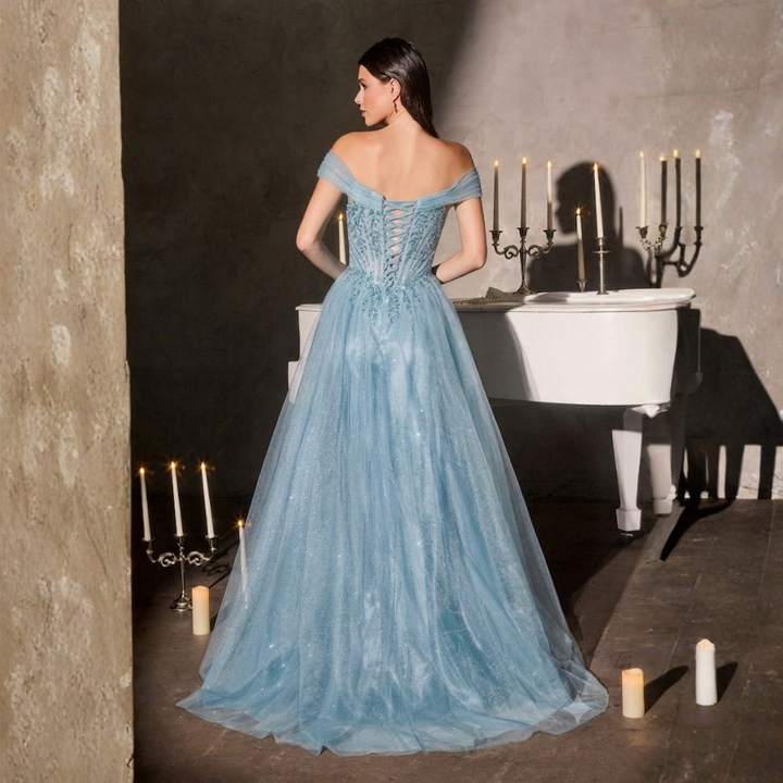 Emma Clara - Vestido de Fiesta Largo celeste Tul Glitter Corset María