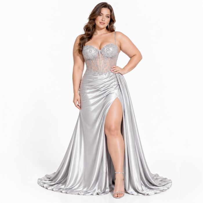 Emma Clara - Vestido De Fiesta Corset y Abertura Violeta Plateado — talla XL