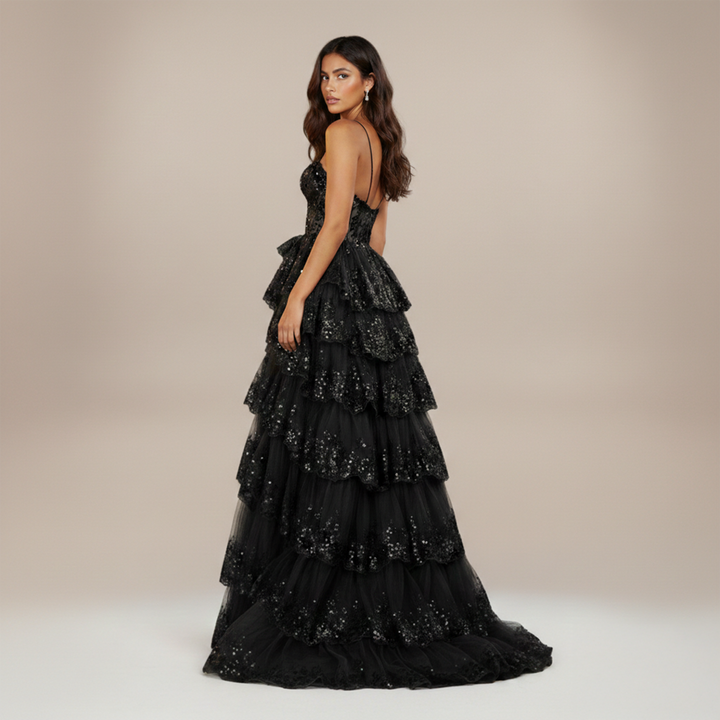 Emma Clara - Vestido Largo Fiesta Asimétrico Brillos Blanca Negro