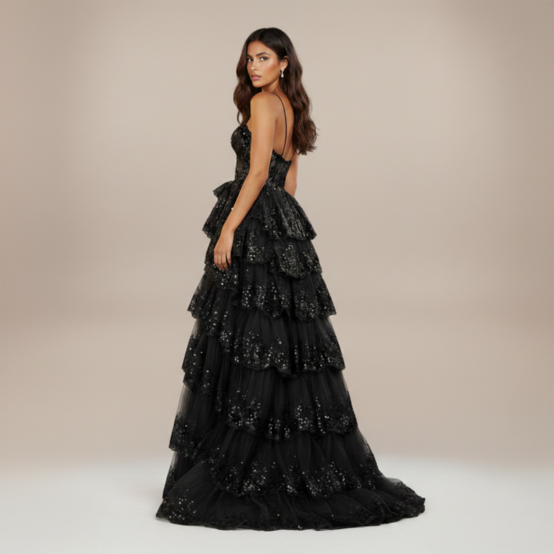 Emma Clara - Vestido Largo Fiesta Asimétrico Brillos Blanca Negro