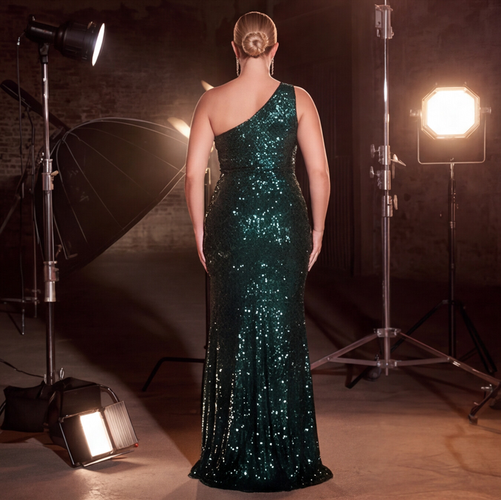 Emma Clara - Vestido de fiesta lentejuelas asimentrico Verde Esmeralda Simona