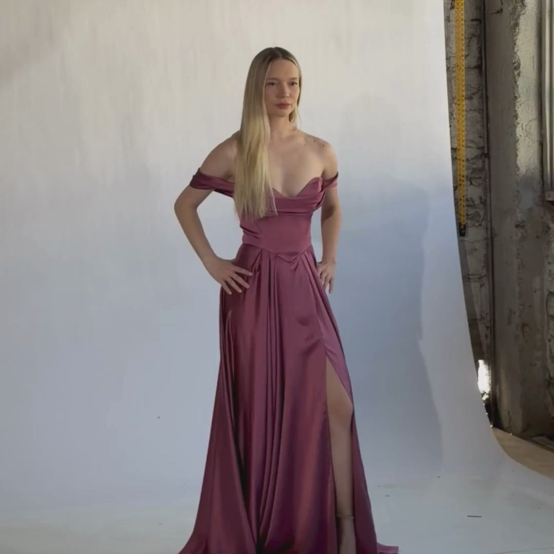 Emma Clara - Vestido de Fiesta Satín Escote Bardot Pili Mauve Rose