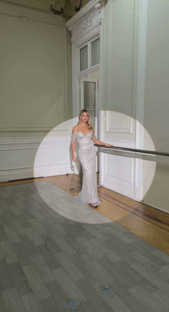 Emma Clara - Vestido largo de fiesta plata con strass y mangas caídas – Estilo Mónica