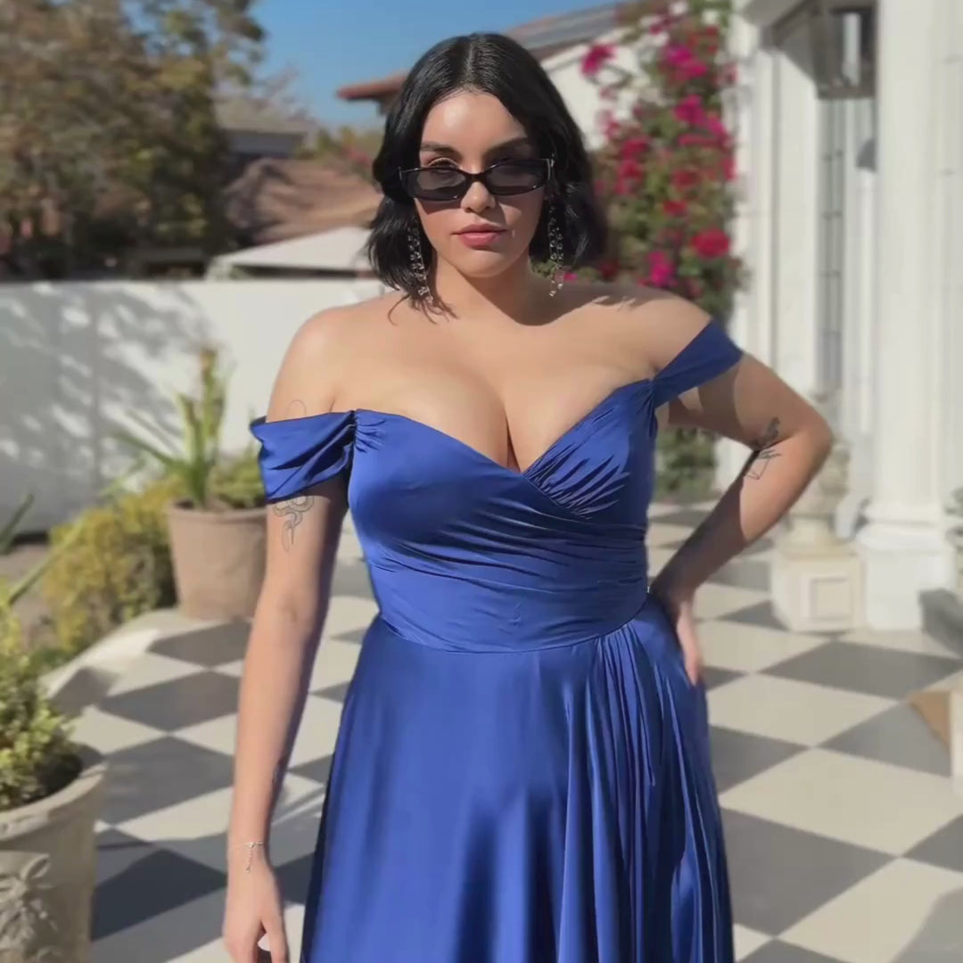 Emma Clara - Vestido De Fiesta Escote Bardot Cris Azul Royal