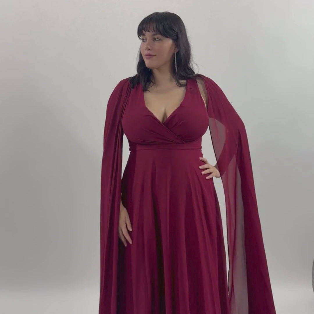 Emma Clara - Vestido de fiesta largo borgoña con capa de gasa Lina