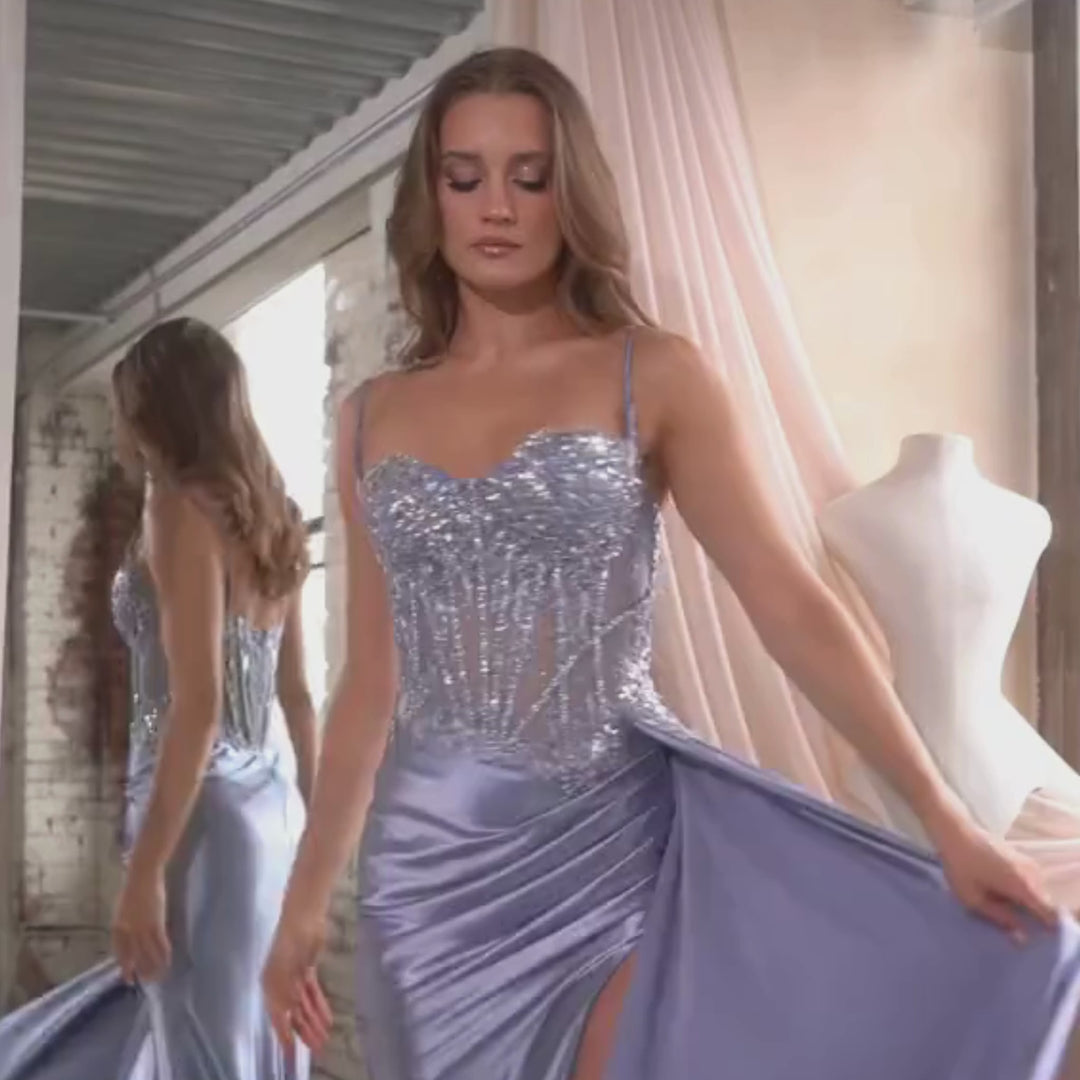 Emma Clara - Vestido De Fiesta Corset y Abertura Violeta Celeste Cielo