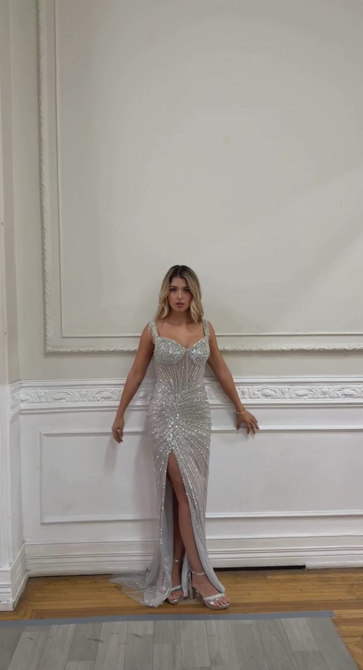 Emma Clara - Vestido largo de fiesta lentejuelas y detalle de strass en manga – Estilo Estrella