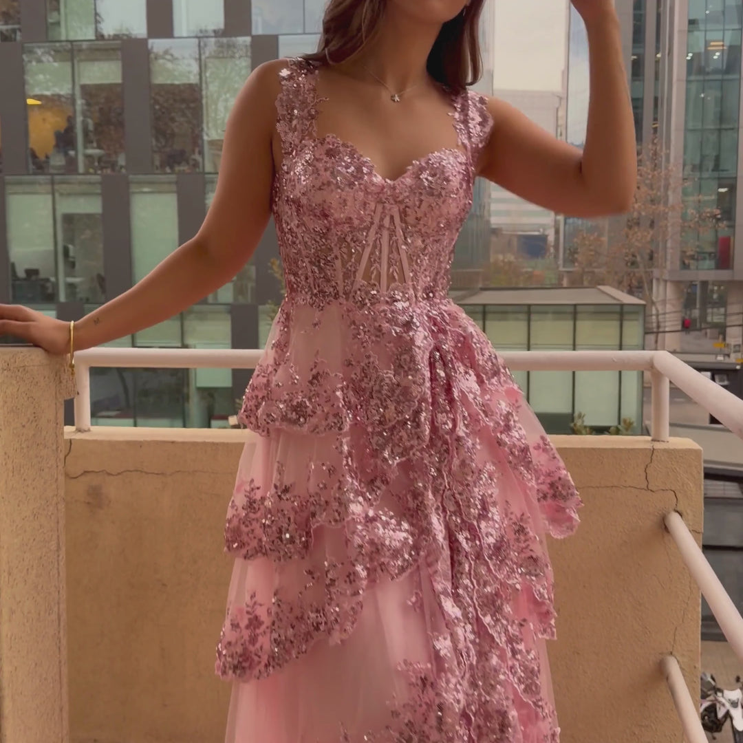 Emma Clara - Vestido De Fiesta A Capas y Lentejuelas Blanca Rosa