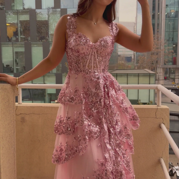 Emma Clara - Vestido De Fiesta A Capas y Lentejuelas Blanca Rosa