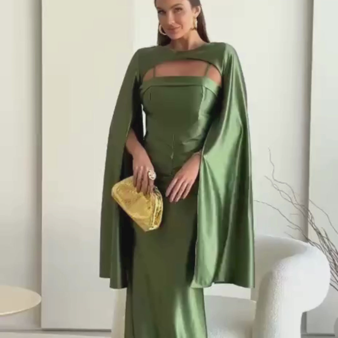 Emma Clara - Vestido de Fiesta Ajustado Capa desmontable Elsa Verde Olivo