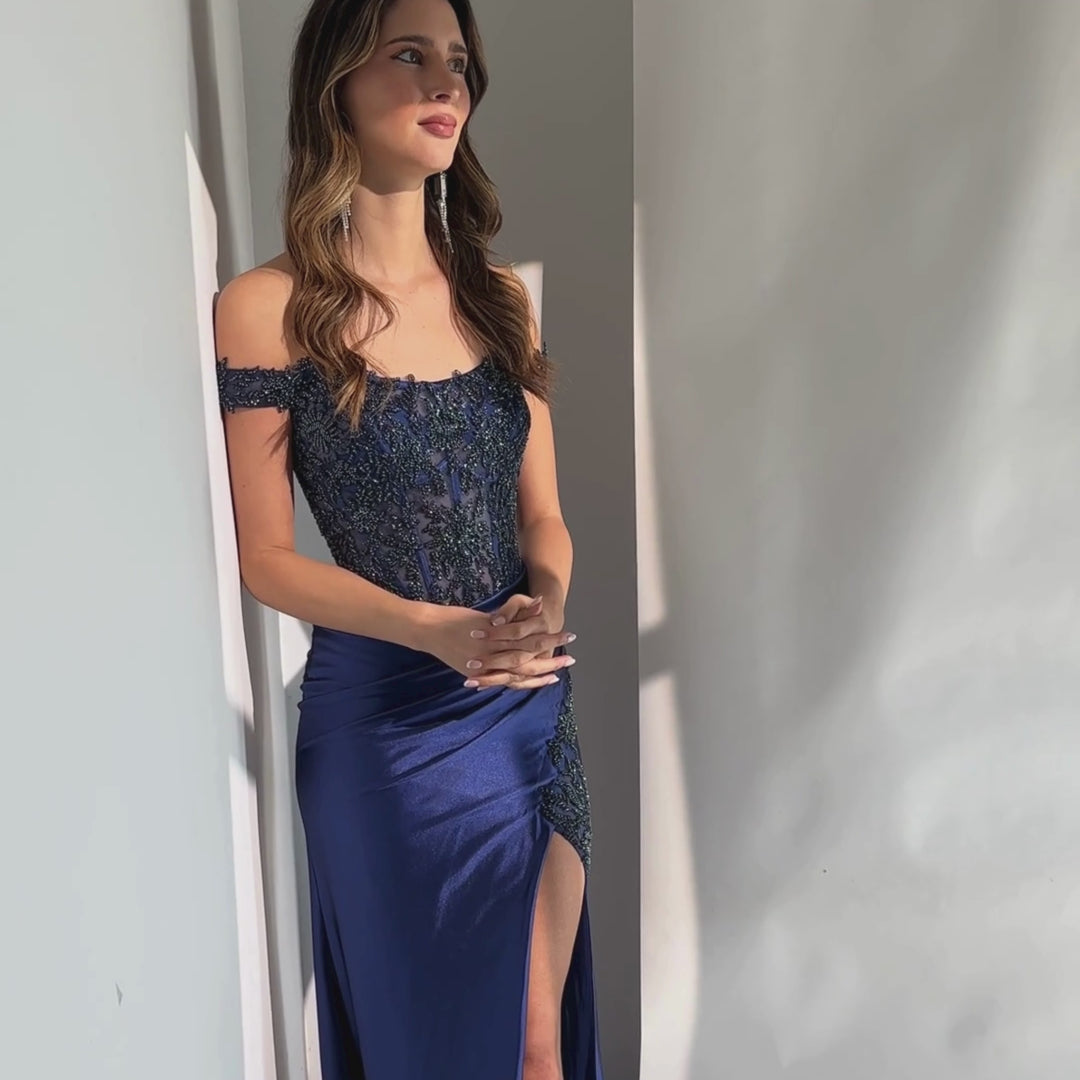 Emma Clara- Vestido De Fiesta Corset y Abertura Marti Azul Marino