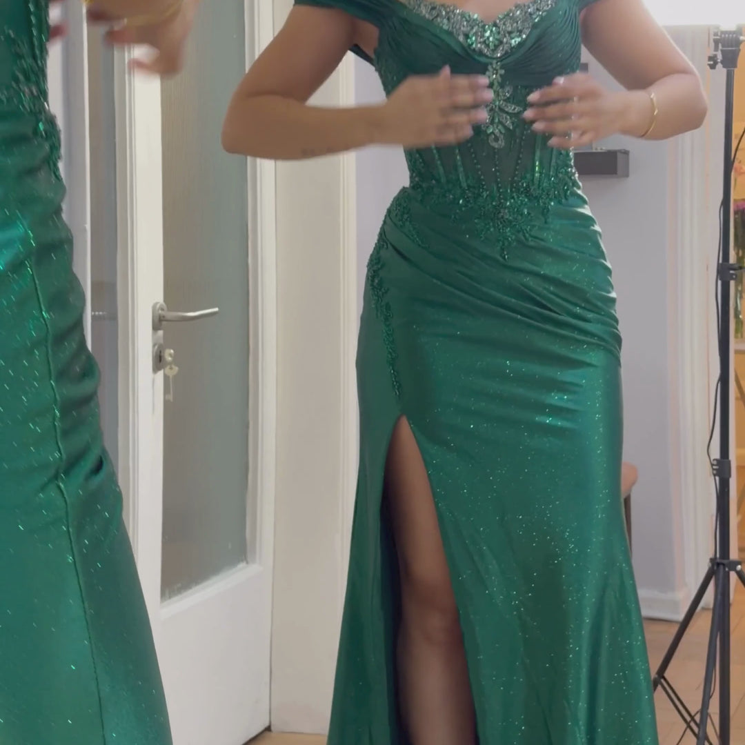 Emma Clara - Vestido de Fiesta Con Pedrería y Corset Magda Verde Esmeralda