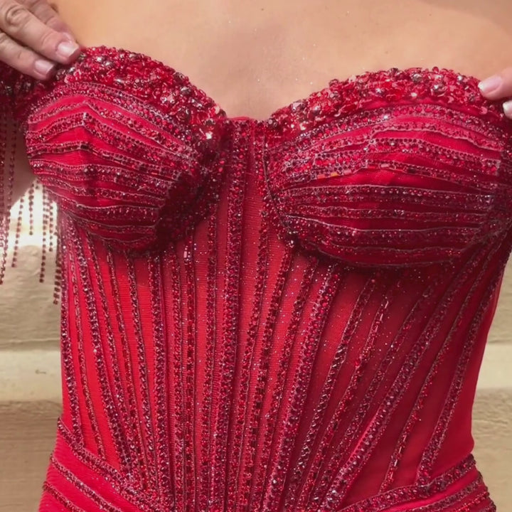 Emma Clara - Vestido De Gala Con Strass y Abertura Rubí Rojo