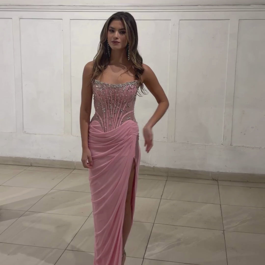 Emma Clara - Vestido de Fiesta Largo Corset Rosa con strass Amelie