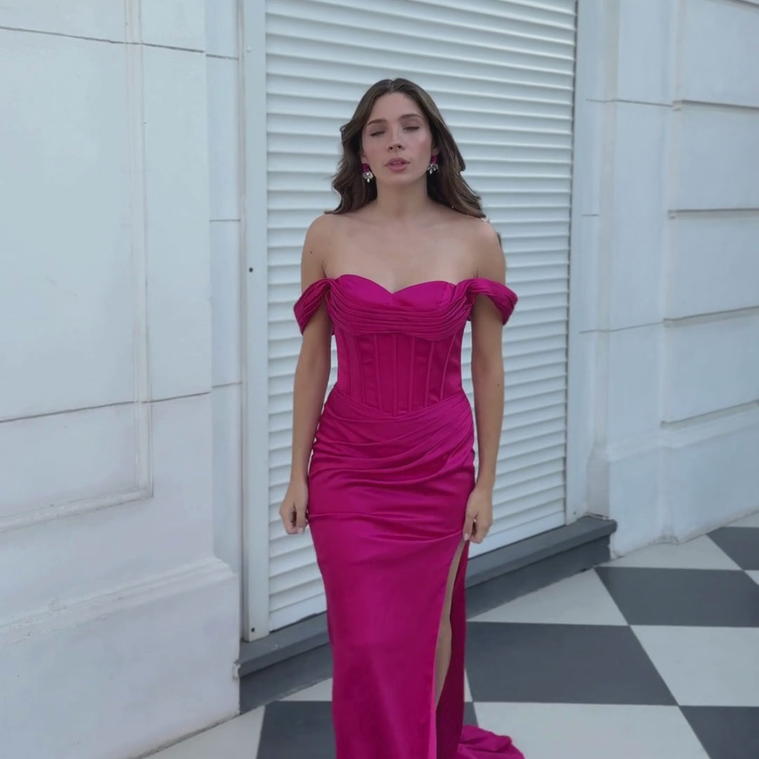 Emma Clara - Vestido de Fiesta Corset Escote Bardot Cristina Fucsia