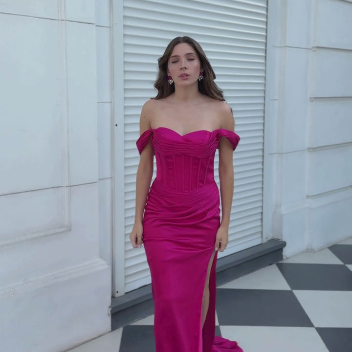 Emma Clara - Vestido de Fiesta Corset Escote Bardot Cristina Fucsia