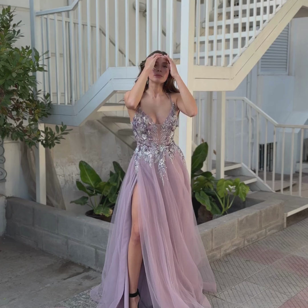 Emma Clara - Vestido de fiesta tul escote V Bordado Renata Mauve